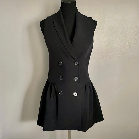 Zara NWOT double breasted drop waist Ruffle hem black sleeveless vest mini dress - Picture 3 of 5